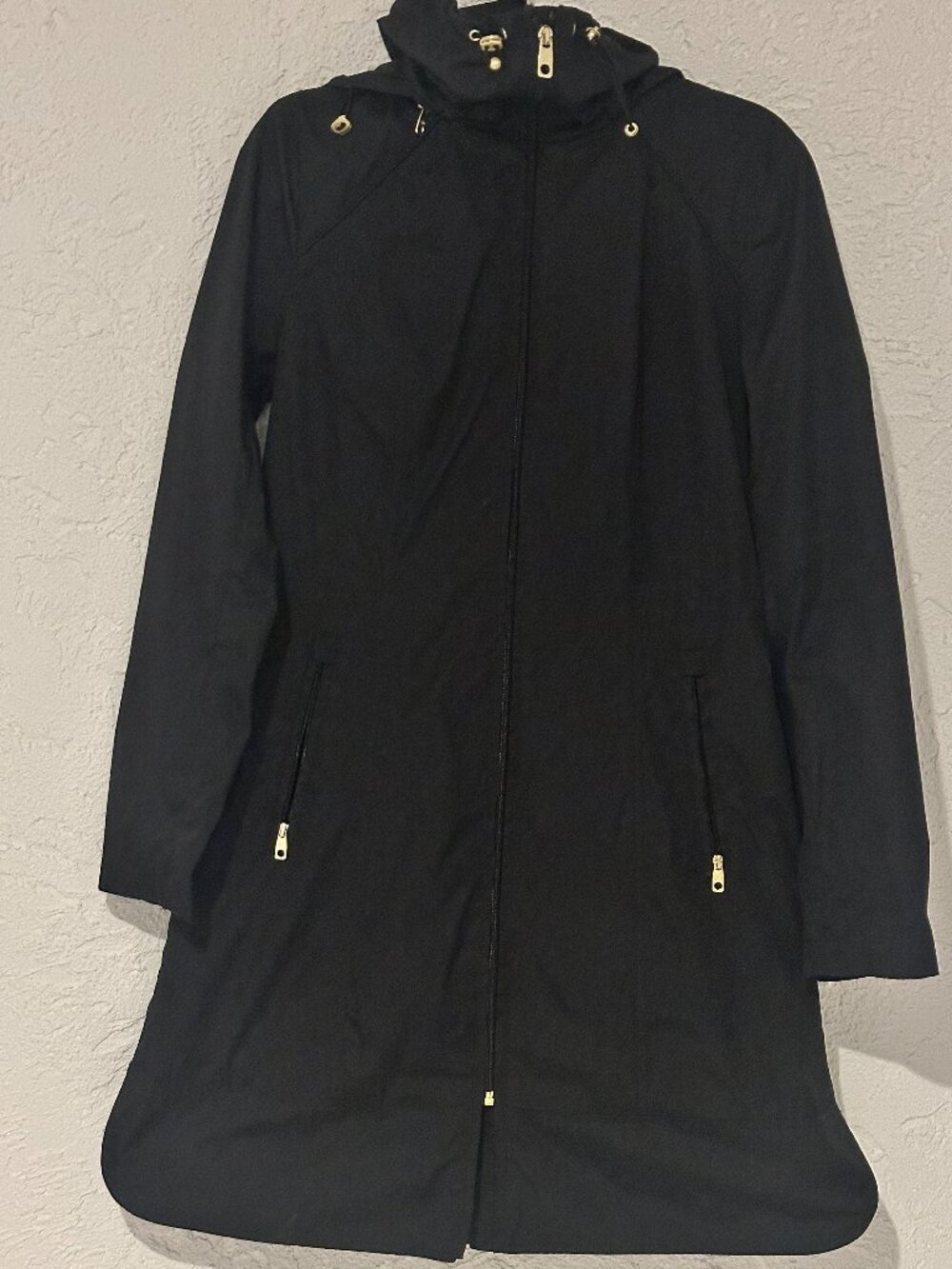 Cole Haan Women’s Black Long Hooded Coat XS Lightweight Travel Rain Jacket